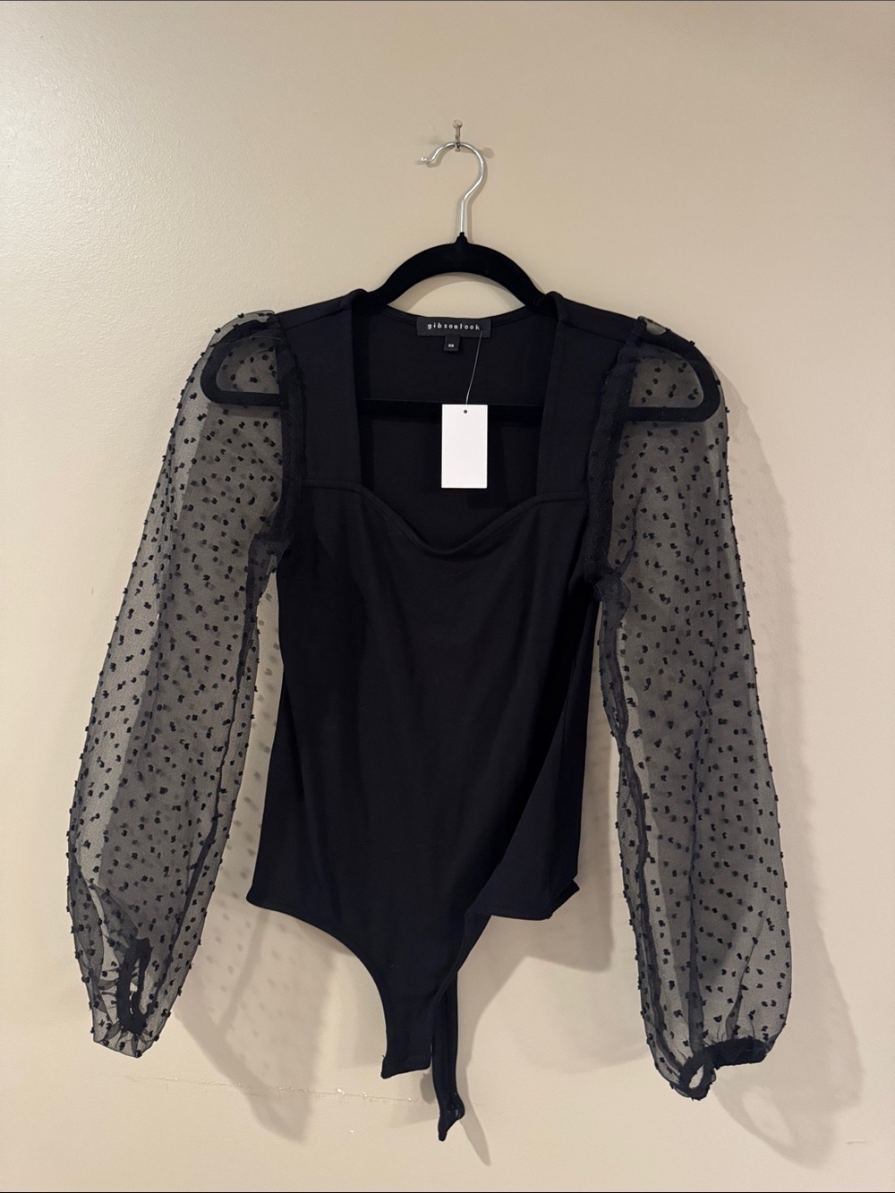 Gibson Black Sheer Polka Dot Puff Sleeve Bodysuit